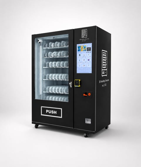 Black vending machine with glass front displaying beverages, digital touchscreen interface, coin slot, and push button for dispensing items