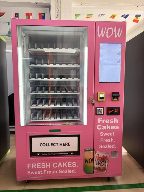 Bright pink vending machine with glass front stocked with cakes, featuring WOW Fresh Cakes branding and payment interface