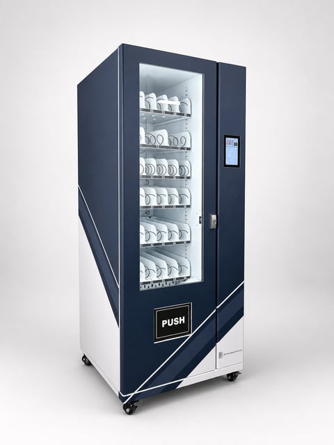 Navy and white vending machine with illuminated glass door displaying beverages on multiple shelves